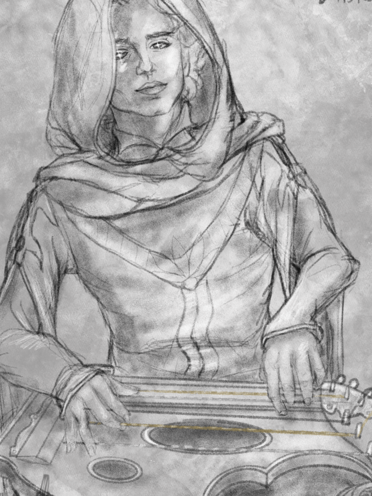 A young man with curly hair, long robes, and twinkling eerie eyes plays a lap harp