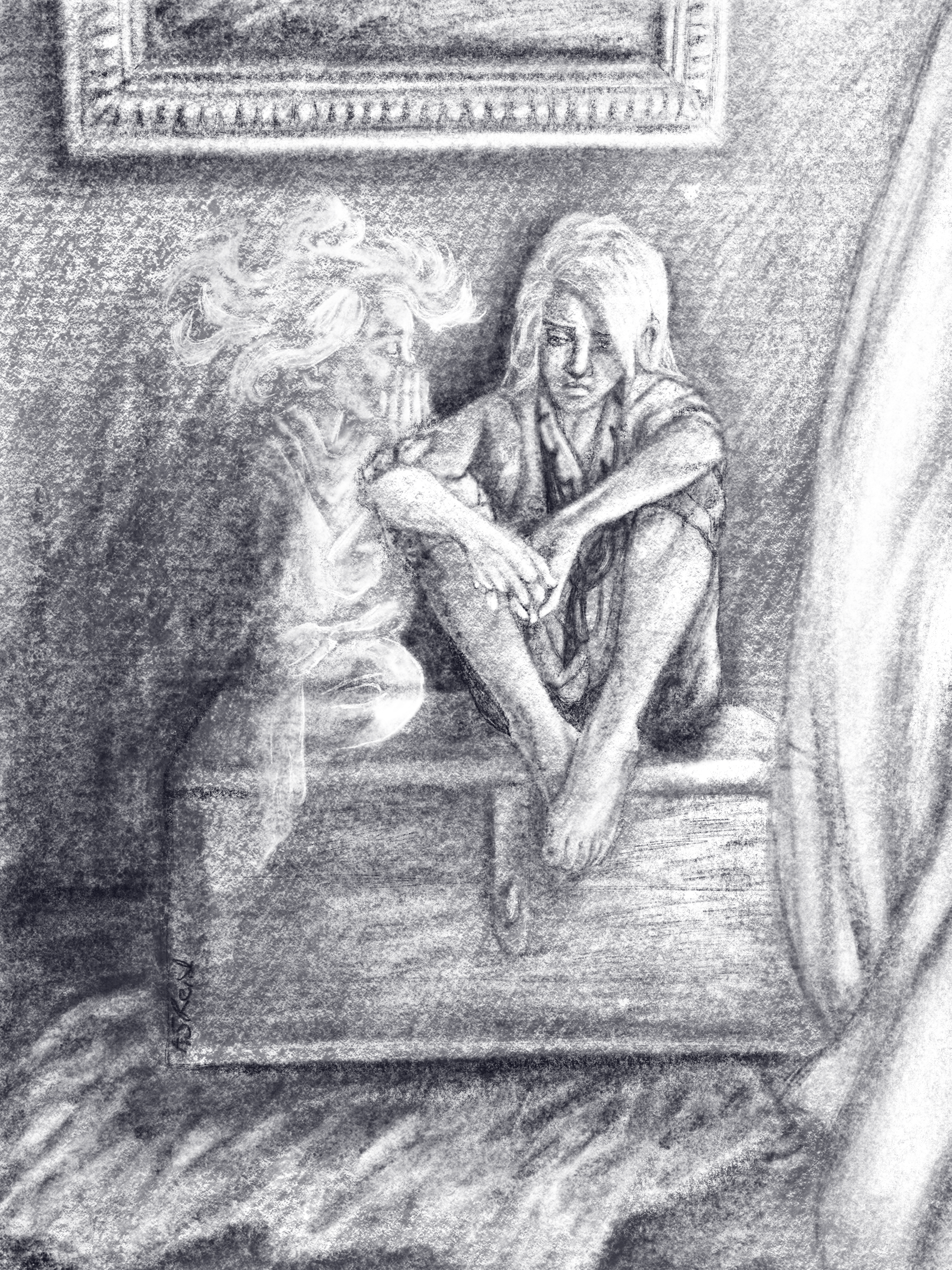 Charcoal sketch of a sad boy sitting on a chest, another vaporous boy in white whispering to him