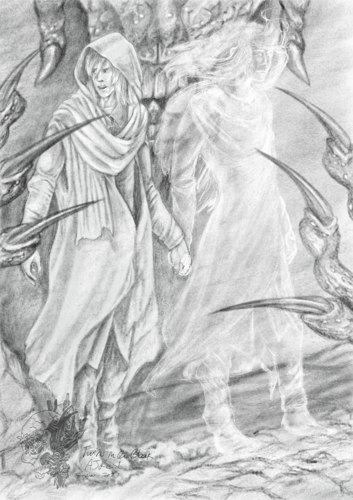 A young man with long hair and tattered robes being led by a similar figure in transparent white, an alien beast behind them, menacing with claws and horns