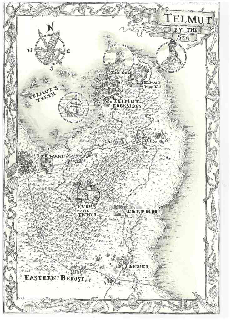 A black and white shaded map of a peninsula jut of land surrounded by cliffs with a dock and several landmarks